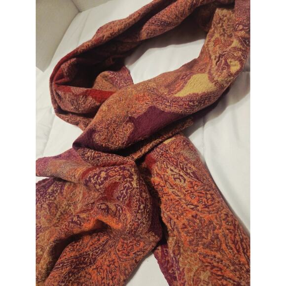 CORAL RED PAISLEY PASHMINA 100% Pure New Wool Boho Hippy Cottagecore Preppy - Picture 4 of 6